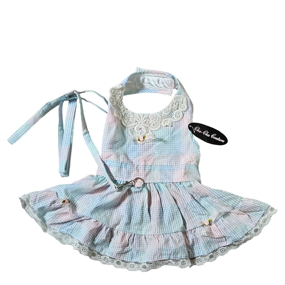 Cha-Cha Couture Southern Doggy Pastel Gingham Harness Dress Leash Set Large NWT